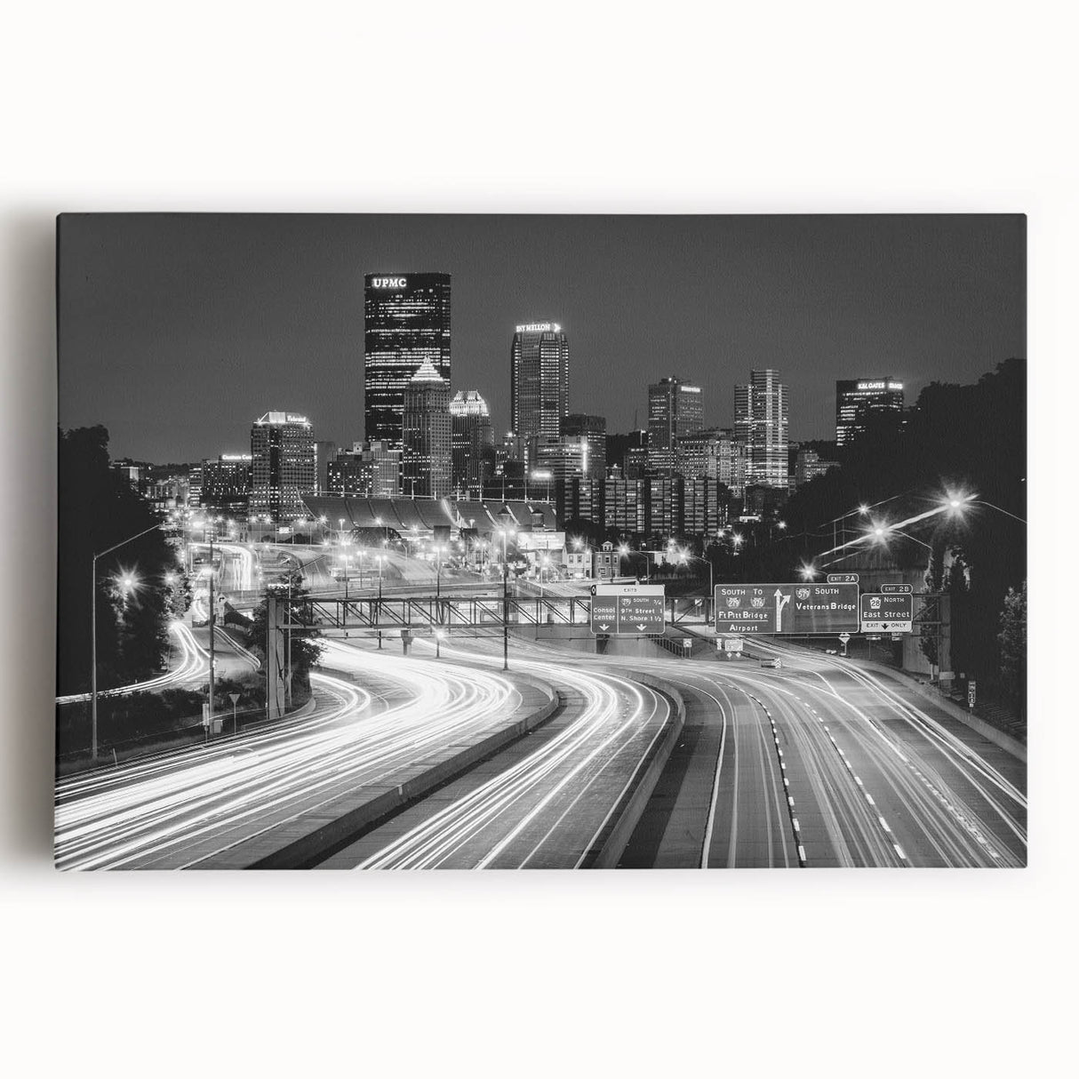 Black and white photograph of Pittsburgh skyline on large stretched canvas, suitable for kitchen wall art.