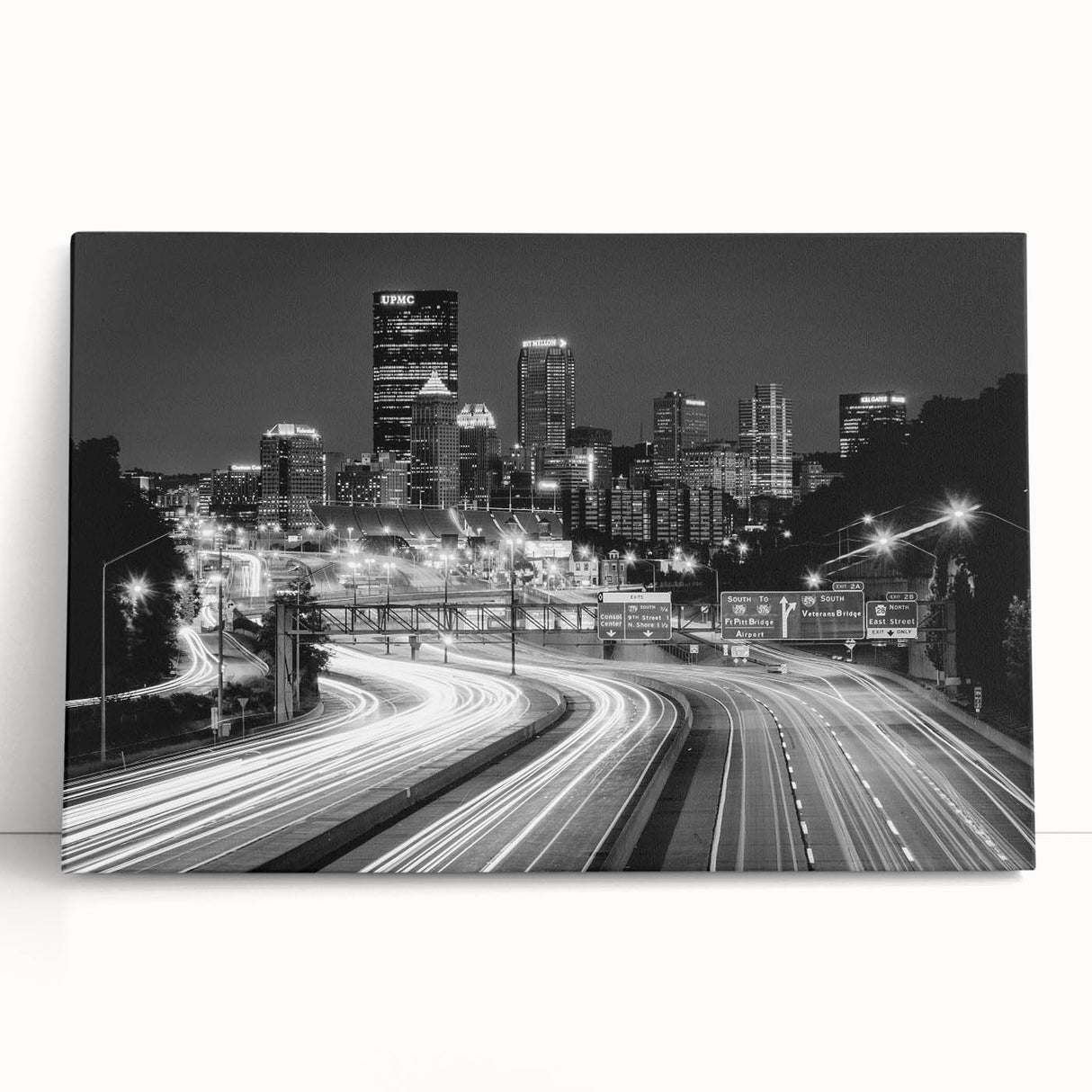Black and white image of Pittsburgh skyline on large stretched canvas, ideal for kitchen wall art or bedroom ambiance.