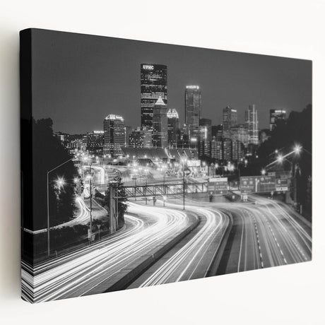 Panoramic view of the Pittsburgh skyline in muted evening colors on stretched canvas, suitable for kitchen wall art.