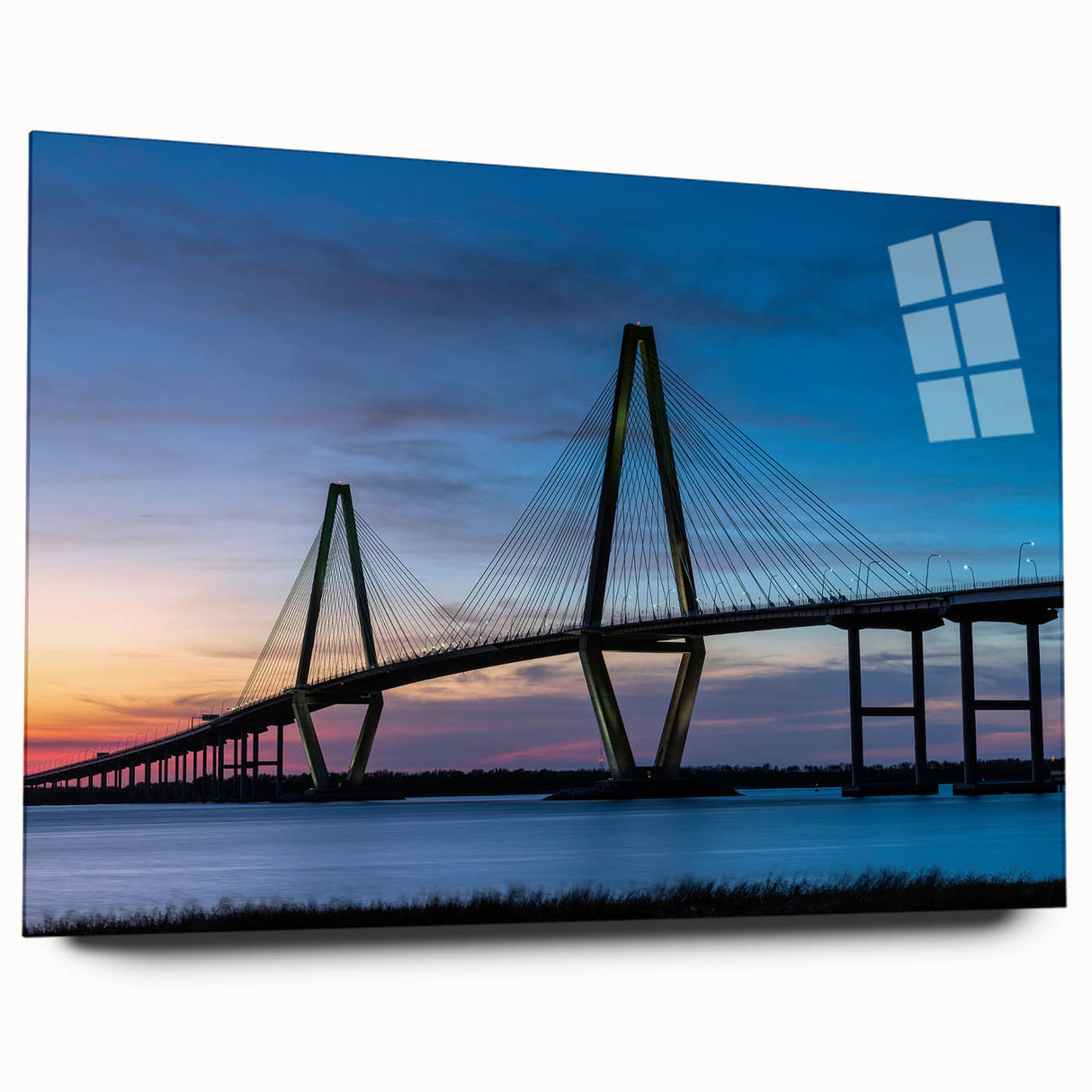Acrylic print of a large abstract depiction of Charleston scenery in muted blue and green tones.