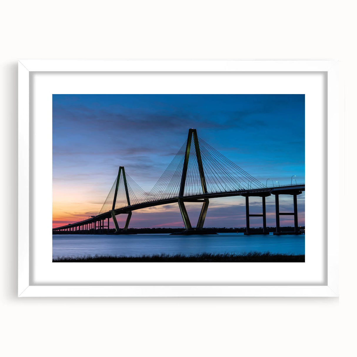 Abstract art print of Charleston scenery in muted blue and green tones, framed with a white mat, ideal for dining room decor.