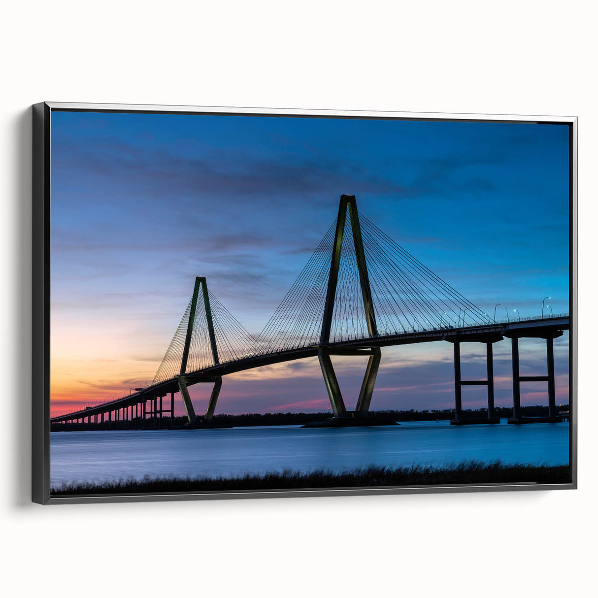 Black and white framed canvas of Charleston landscape in vintage poster style, ideal for bedroom wall decor.