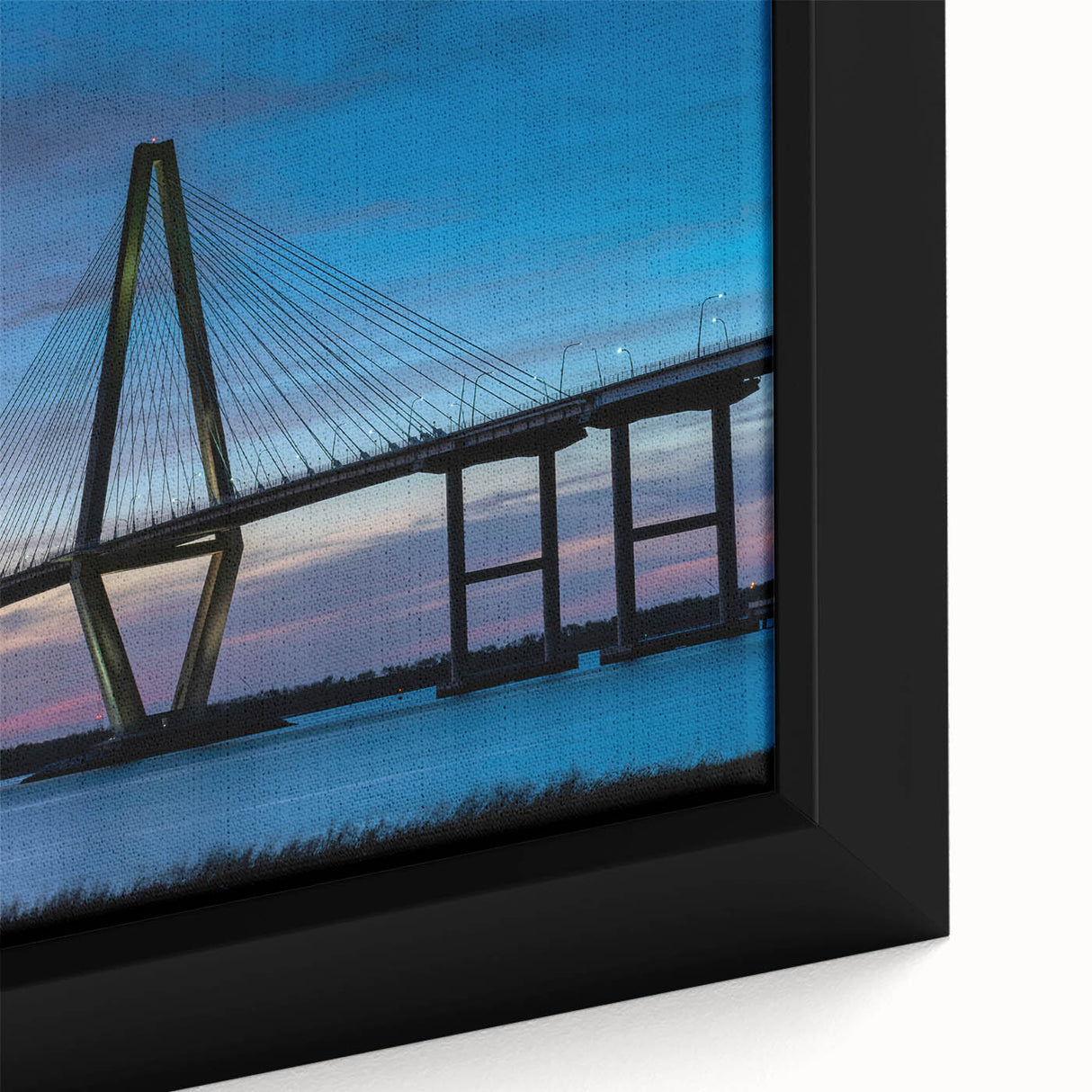 Framed canvas of Charleston, South Carolina scenery in textured black with colorful accents.