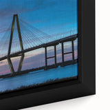 Framed canvas of Charleston, South Carolina scenery in textured black with colorful accents.