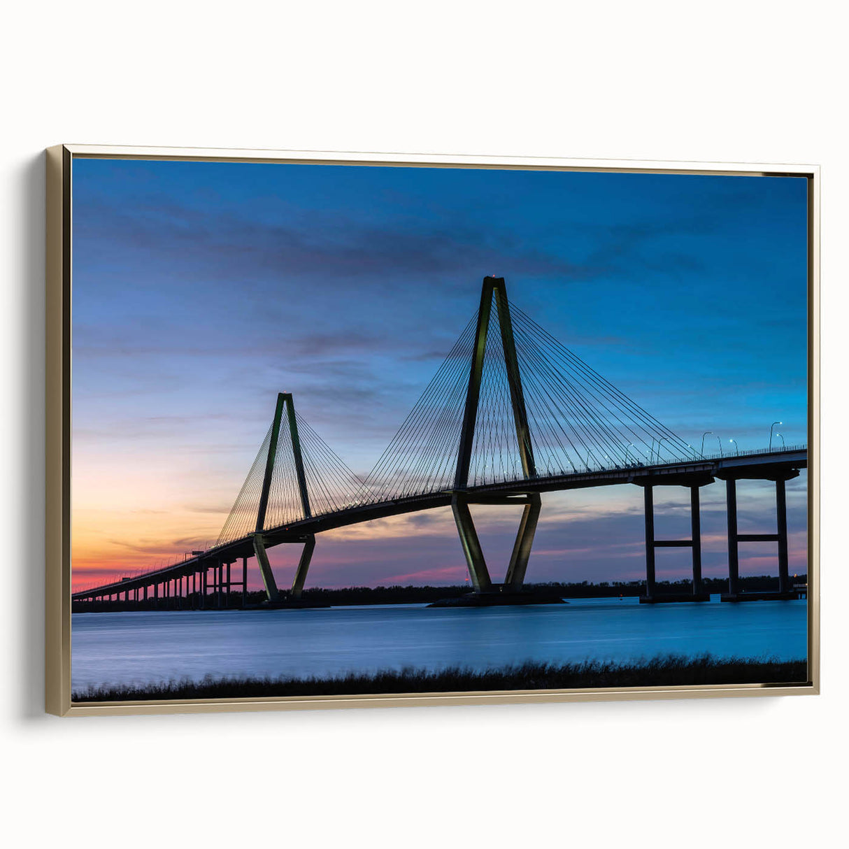Framed canvas wall art depicting a vintage-style Charleston landscape in muted gold and black tones, ideal for bedroom decor.