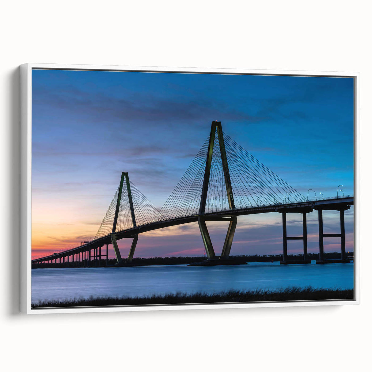 Vintage poster art of Charleston, South Carolina, depicted in vibrant colors on a large framed canvas.