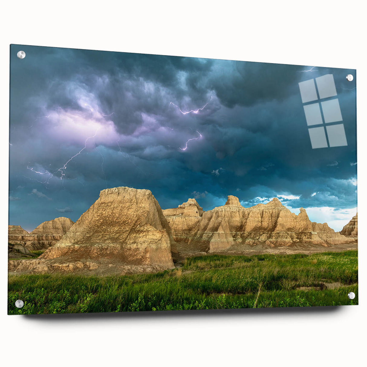 Acrylic print of South Dakota Badlands with warm earth tones, ideal for bedroom or dining room decor.