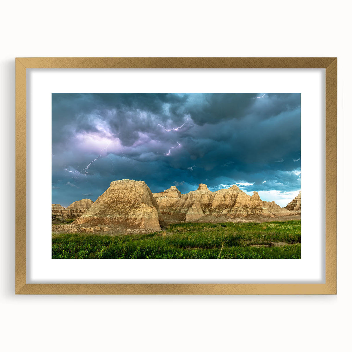 Extra large abstract art print of South Dakota Badlands in textured style with gold frame, suitable for living room decor.