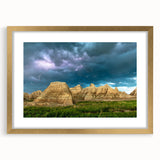 Extra large abstract art print of South Dakota Badlands in textured style with gold frame, suitable for living room decor.