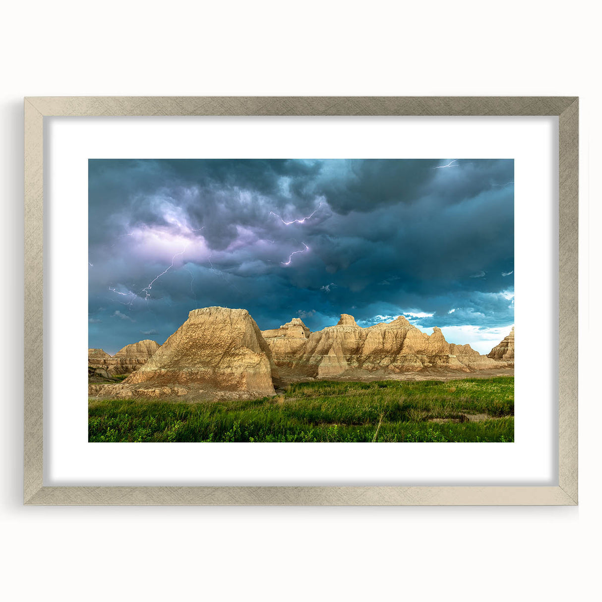 Textured art print of South Dakota Badlands in muted earth tones on a framed canvas, suitable for bedroom wall decor.