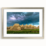 Textured art print of South Dakota Badlands in muted earth tones on a framed canvas, suitable for bedroom wall decor.