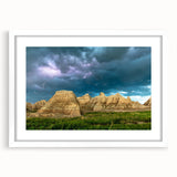 Abstract art print of South Dakota Badlands in muted earth tones on a framed canvas.