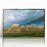 Mid-century modernist large art print of South Dakota Badlands in gold frame, acrylic, ideal for modern art wall decor.