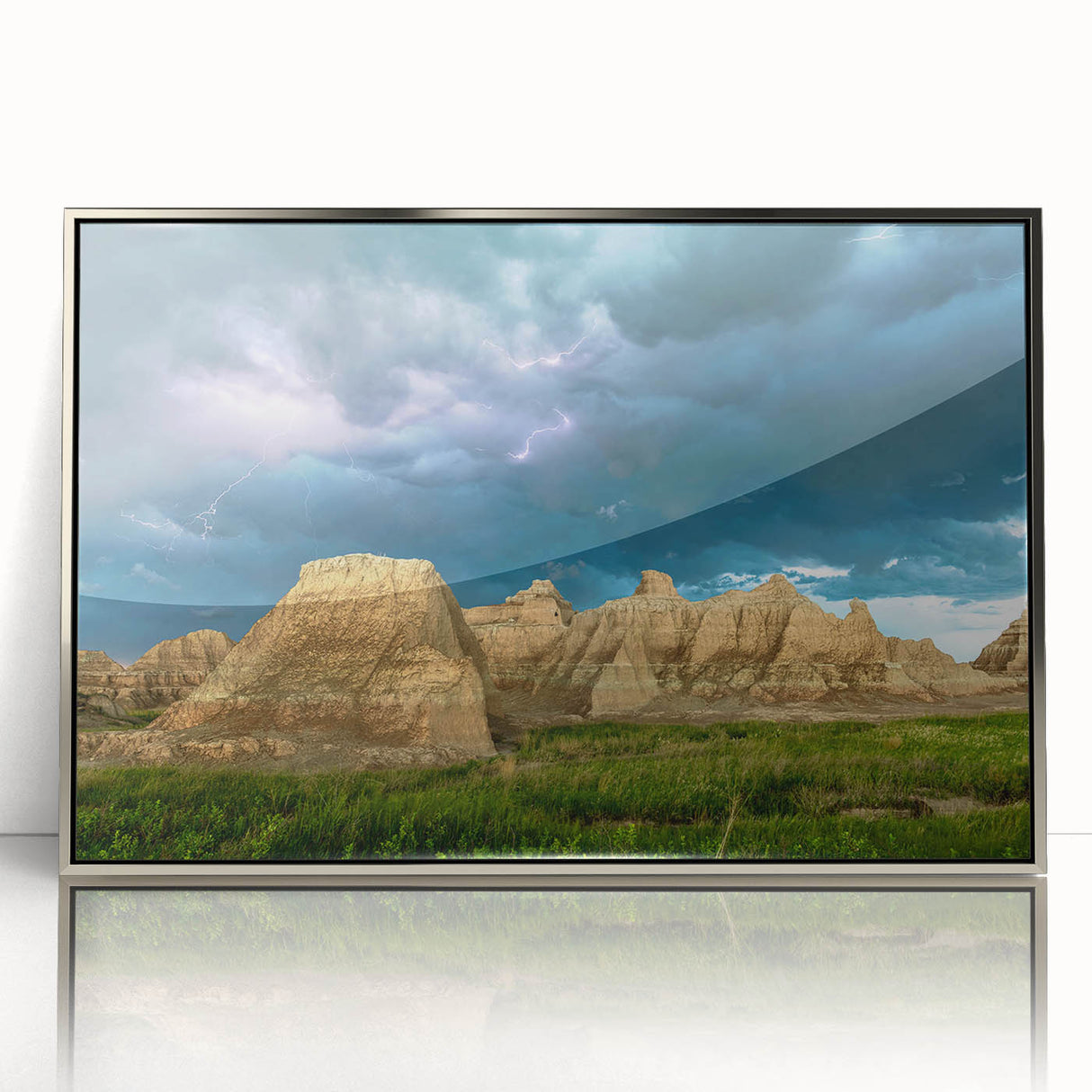Mid-century modernist art depicting South Dakota Badlands in muted earth tones on a silver-framed acrylic print.