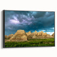 Black and white framed canvas depicting the rugged terrain of South Dakota's Badlands, ideal for bedroom wall art.