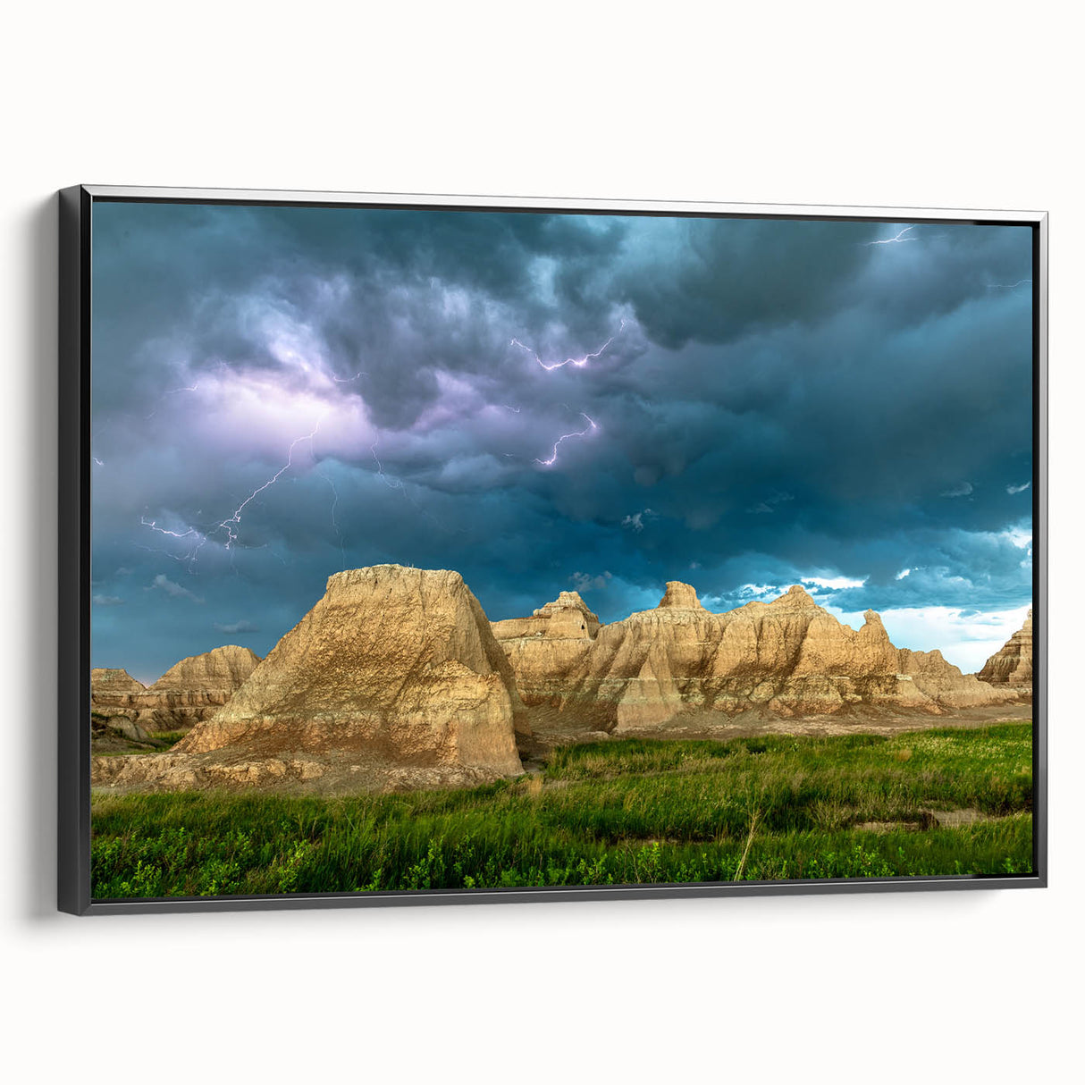 Black and white framed canvas depicting the rugged terrain of South Dakota's Badlands, ideal for bedroom wall art.