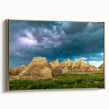 Framed canvas of South Dakota Badlands landscape in muted earth tones, suitable as wall art for bedroom.