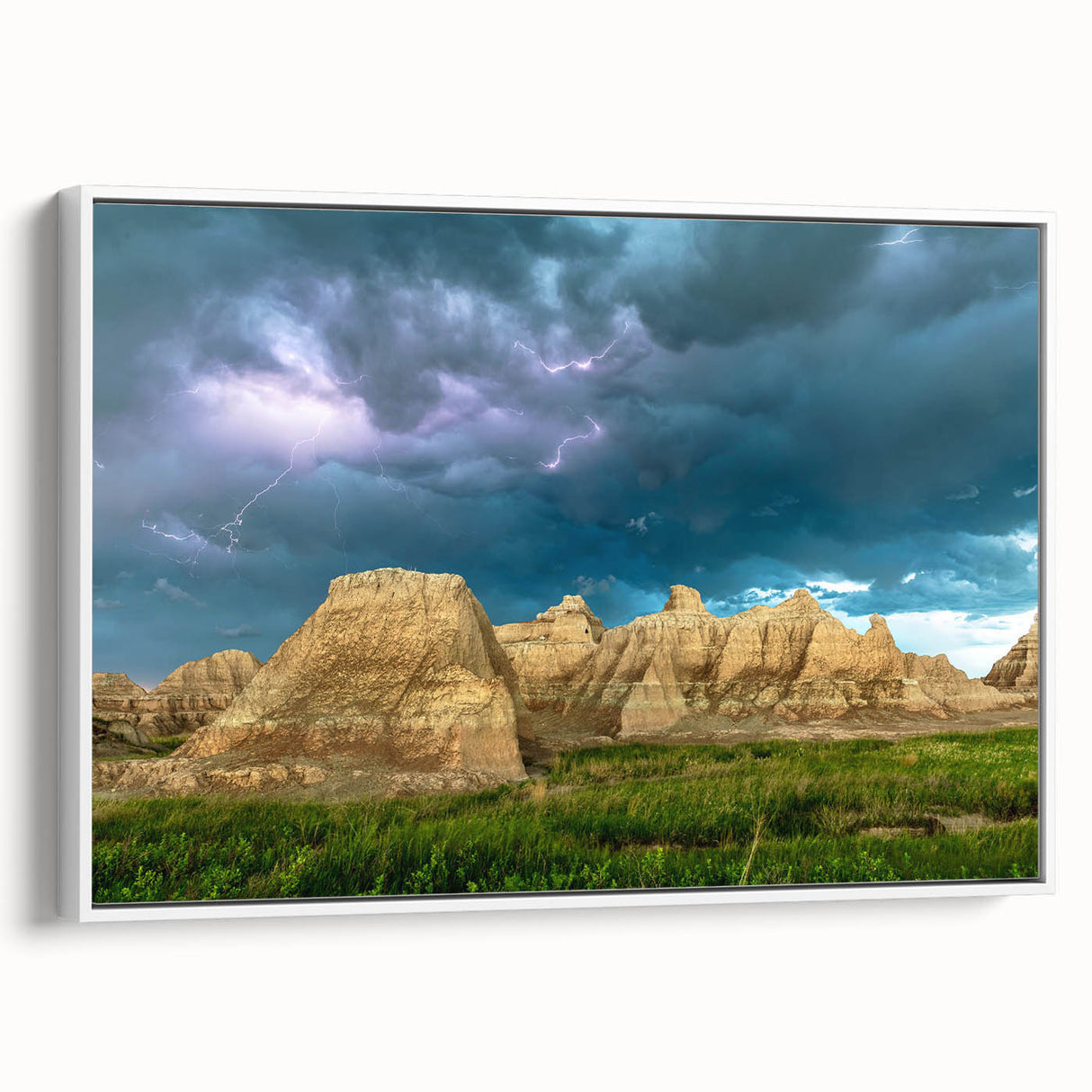 Vintage poster art of South Dakota Badlands in colorful hues on extra large framed canvas, suitable for living room decor.