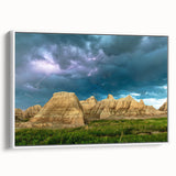 Vintage poster art of South Dakota Badlands in colorful hues on extra large framed canvas, suitable for living room decor.
