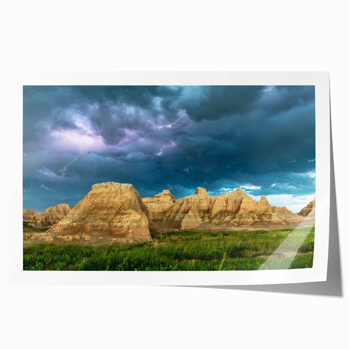 Extra large rolled print of South Dakota Badlands landscape in muted earth tones, ideal for dining room wall art.