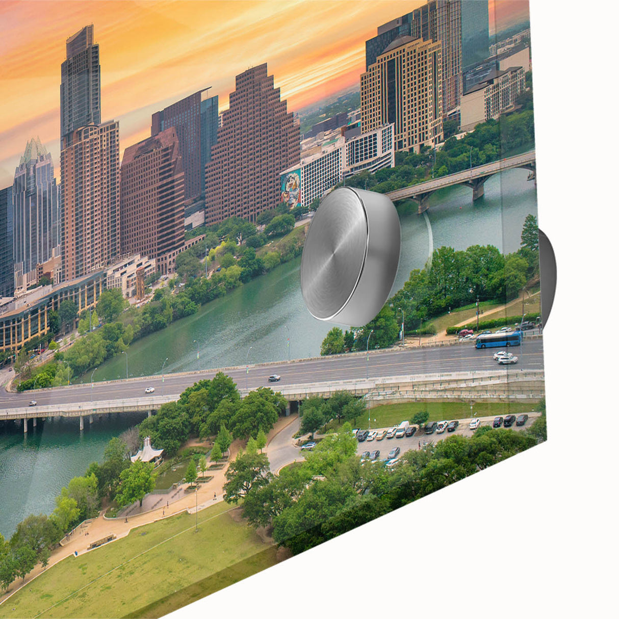 Large abstract wall art of Austin skyline in muted earth tones on acrylic glass, suitable for dining room ambiance.