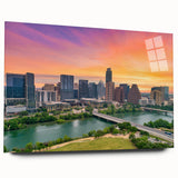 Large abstract depiction of Austin, Texas skyline in muted earth tones on acrylic glass.