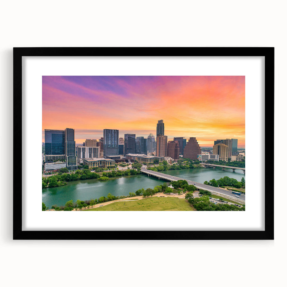 Extra large abstract art print of Austin, Texas in vibrant, colorful textures on a framed canvas.