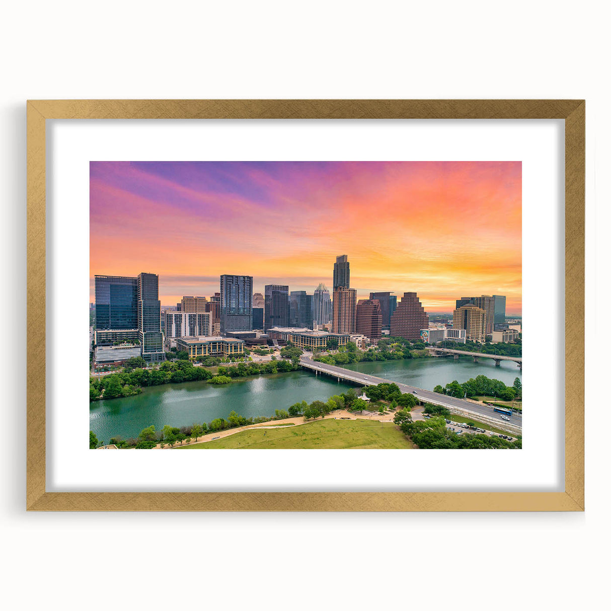 Extra large abstract art print of Austin, Texas, in textured gold frame, featuring muted earth tones.
