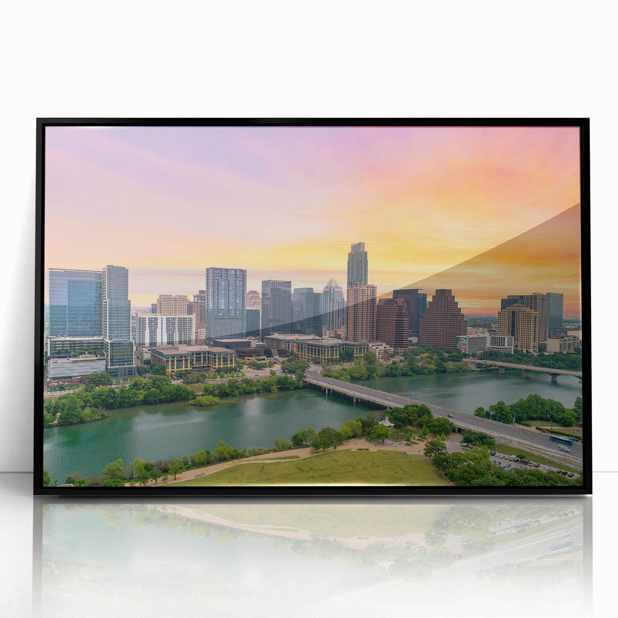 Large abstract wall art depicting the Austin, Texas skyline in muted gray and blue tones on a framed acrylic.