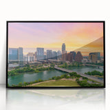 Large abstract wall art depicting the Austin, Texas skyline in muted gray and blue tones on a framed acrylic.