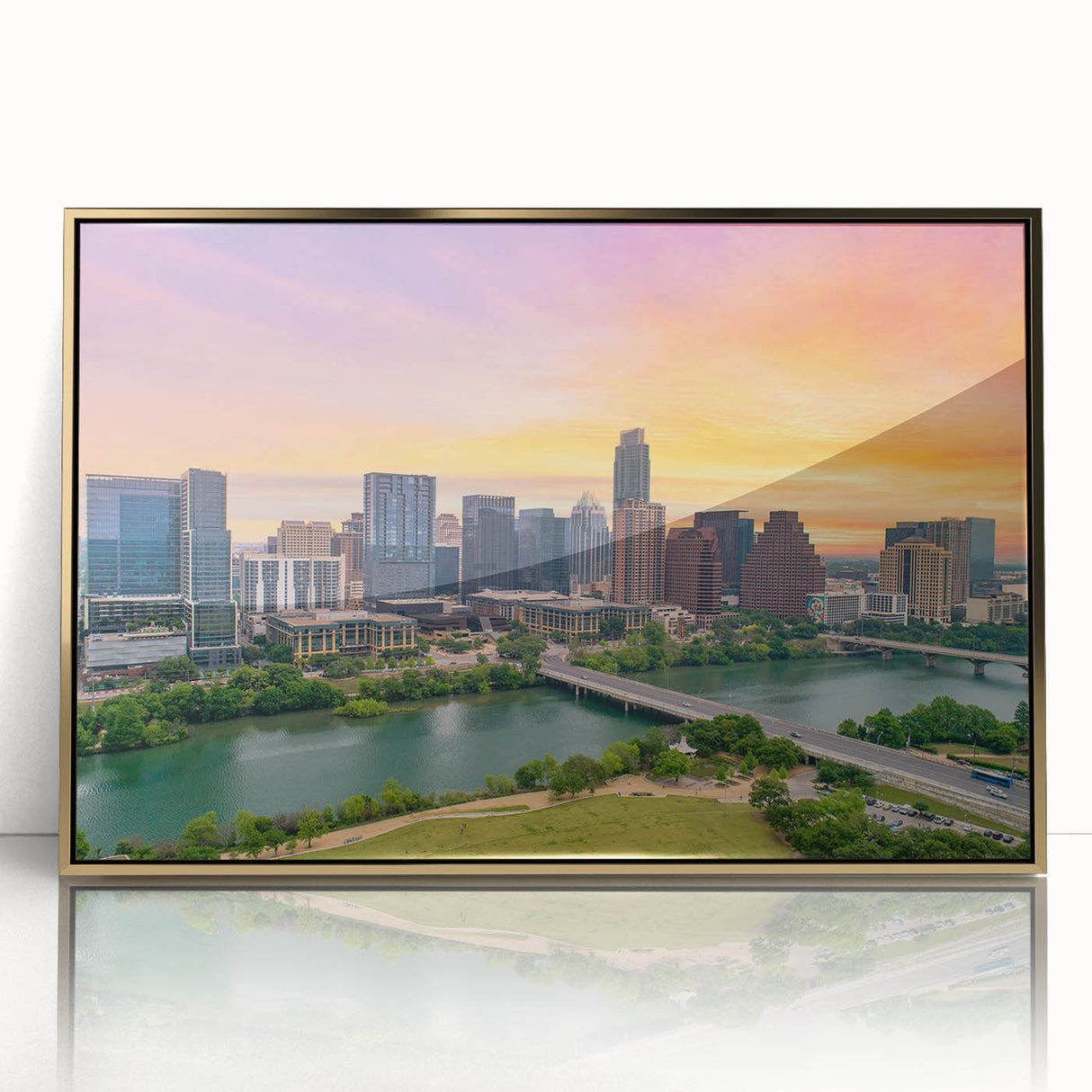 Acrylic print of Austin, Texas skyline in muted gold and blue tones, framed, ideal for modern art wall decor.