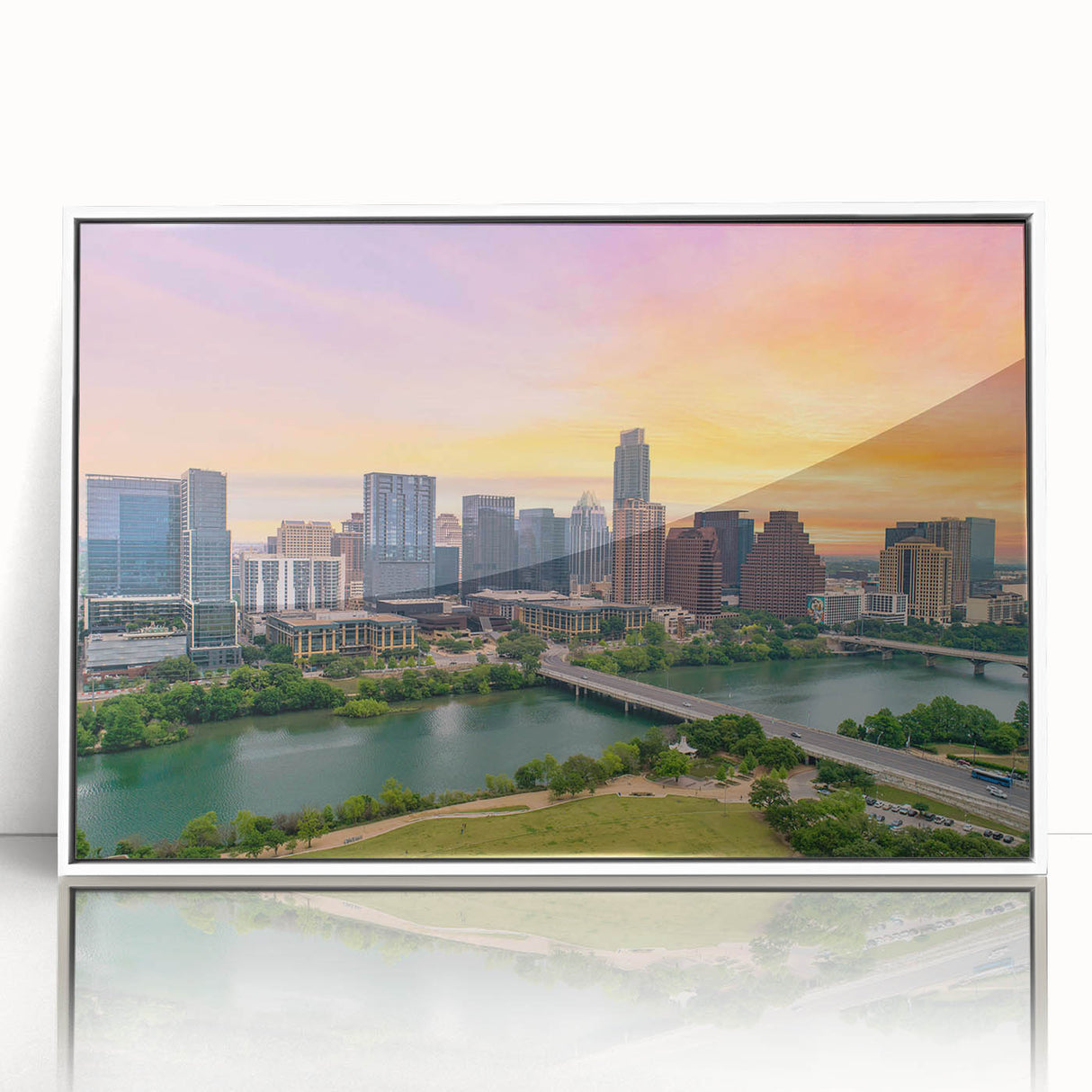 Acrylic print of Austin, Texas skyline in muted blue tones, styled in art deco, suitable for modern nursery decor.