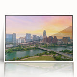 Acrylic print of Austin, Texas skyline in muted blue tones, styled in art deco, suitable for modern nursery decor.