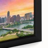 Black wall art featuring a textured Austin, Texas skyline in vibrant colors on a framed canvas, ideal for living room decor.