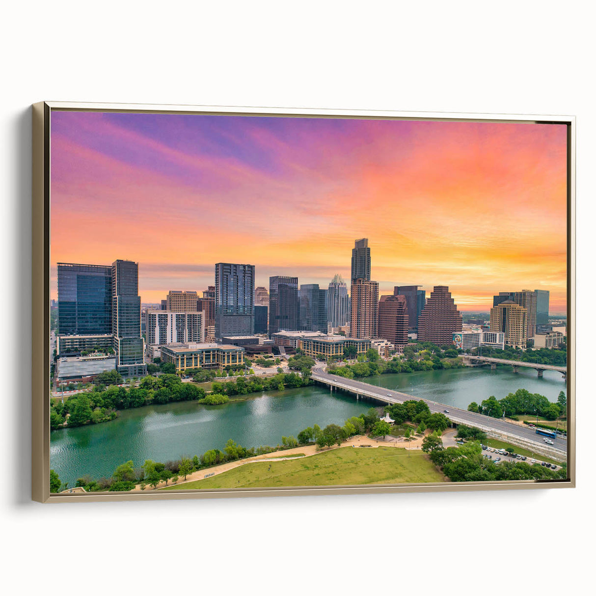 Framed canvas of Austin, Texas landscape in vintage style with gold frame, ideal for bedroom wall art.