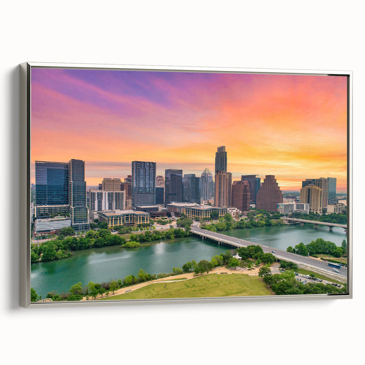 Framed canvas of a colorful Austin, Texas landscape, featuring vintage poster art style.