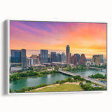 Vintage poster art of the Austin skyline, featuring colorful art on a white framed canvas, ideal for living room decor.