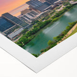 Art deco poster of Austin, Texas skyline in muted earth tones on rolled canvas, suitable for dining room wall art.