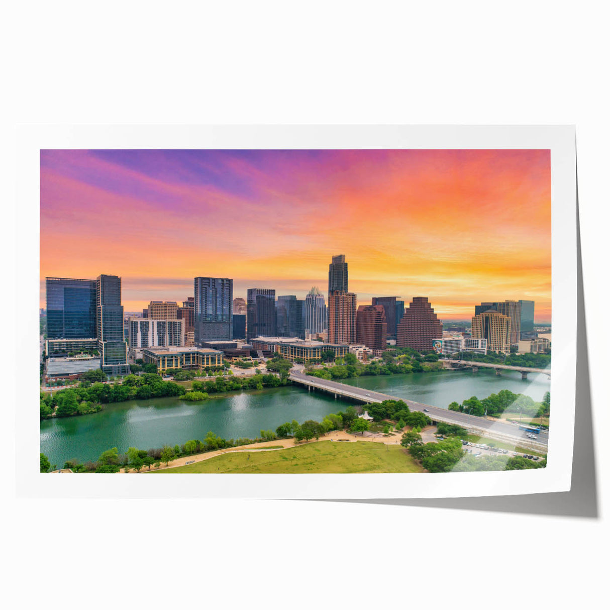 Extra large rolled print of Austin, Texas skyline in muted earth tones, ideal for art wall dining room.