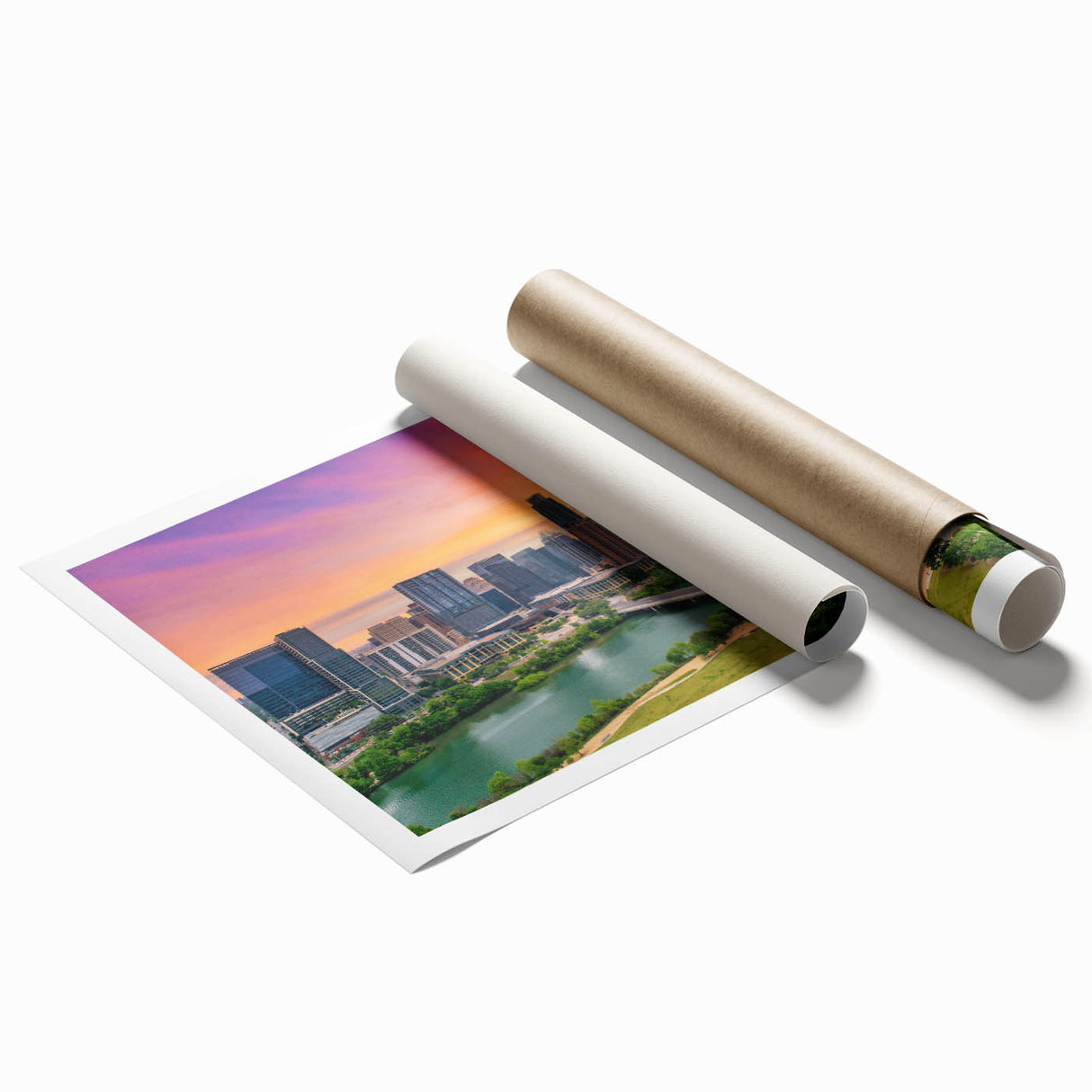Extra large rolled canvas print of Austin, Texas skyline with muted floral accents, ideal for bathroom or living room decor.