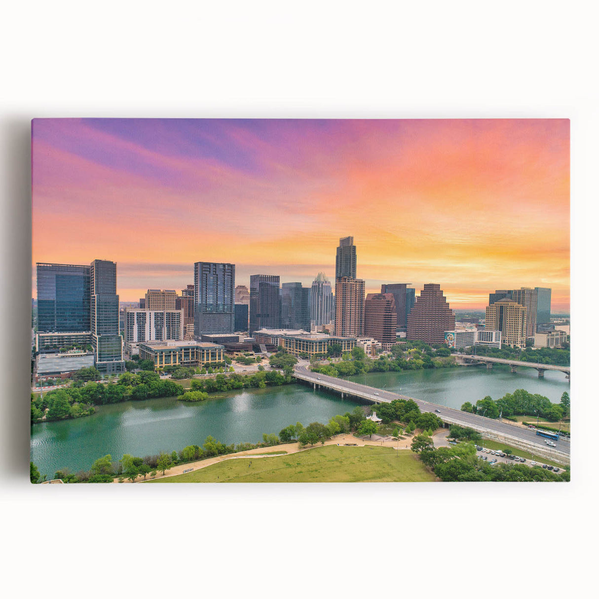 Black and white large art print of the Austin, Texas skyline on stretched canvas, ideal for kitchen wall art.
