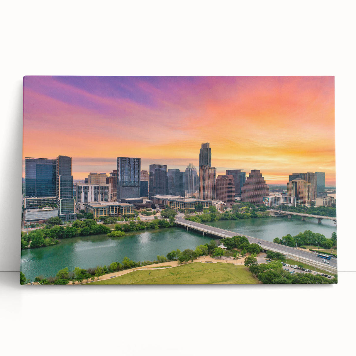 Black and white large art print of Austin, Texas skyline on stretched canvas, ideal for kitchen wall art or bedroom.