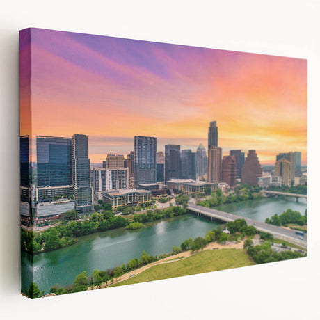 Side view of a stretched canvas featuring a vibrant depiction of the Austin, Texas skyline, suitable for kitchen wall art.