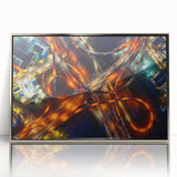 Mid-century modernist art depicting the Dallas skyline in muted gray and blue tones on a framed acrylic print.