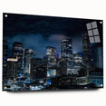 Acrylic print of a large abstract depiction of the Houston skyline in muted grays and blues, ideal for dining room decor.