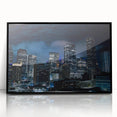 Large abstract wall art of Houston skyline in muted gray and blue tones on framed acrylic.