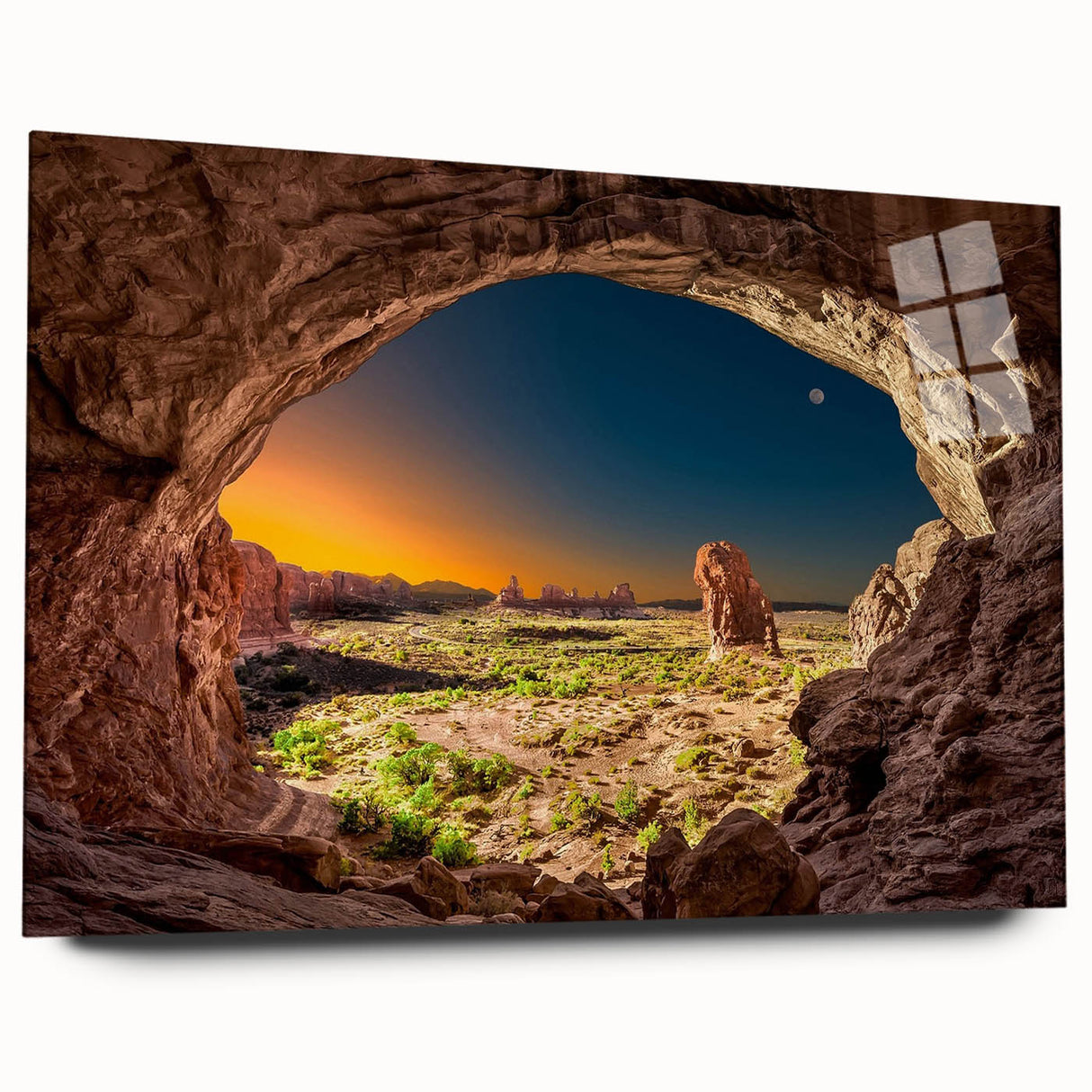 Acrylic print of a large abstract depiction of Utah Arches in earth tones, suitable for bedroom or dining room art.