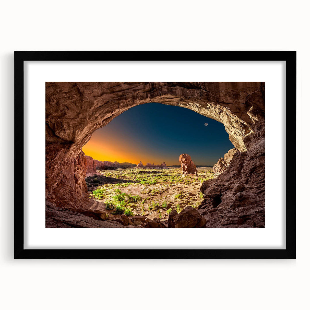 Abstract art print of Arches National Park in vibrant colors, textured finish on a large black framed canvas.