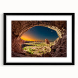 Abstract art print of Arches National Park in vibrant colors, textured finish on a large black framed canvas.