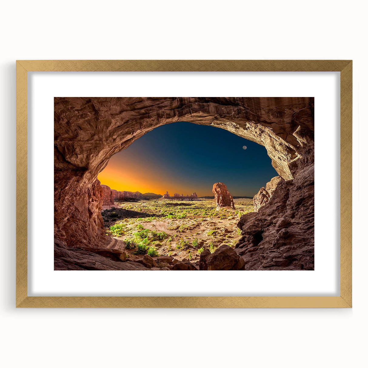 Extra large abstract art print featuring textured scenery of Arches National Park, Utah, in a gold frame.
